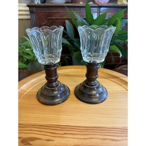 Beautiful Pair Vtg Farmhouse Glass & Wood Candlesticks